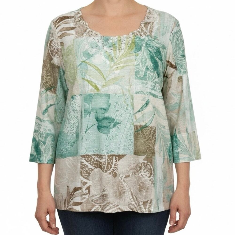 Alfred Dunner Large Sparkly Green Floral Summer Spring Blouse Shirt Top Mature